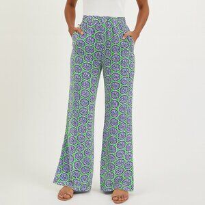 Katherine Way green/blue geometric pull on comfy stretchy Palazzo pants, sz S